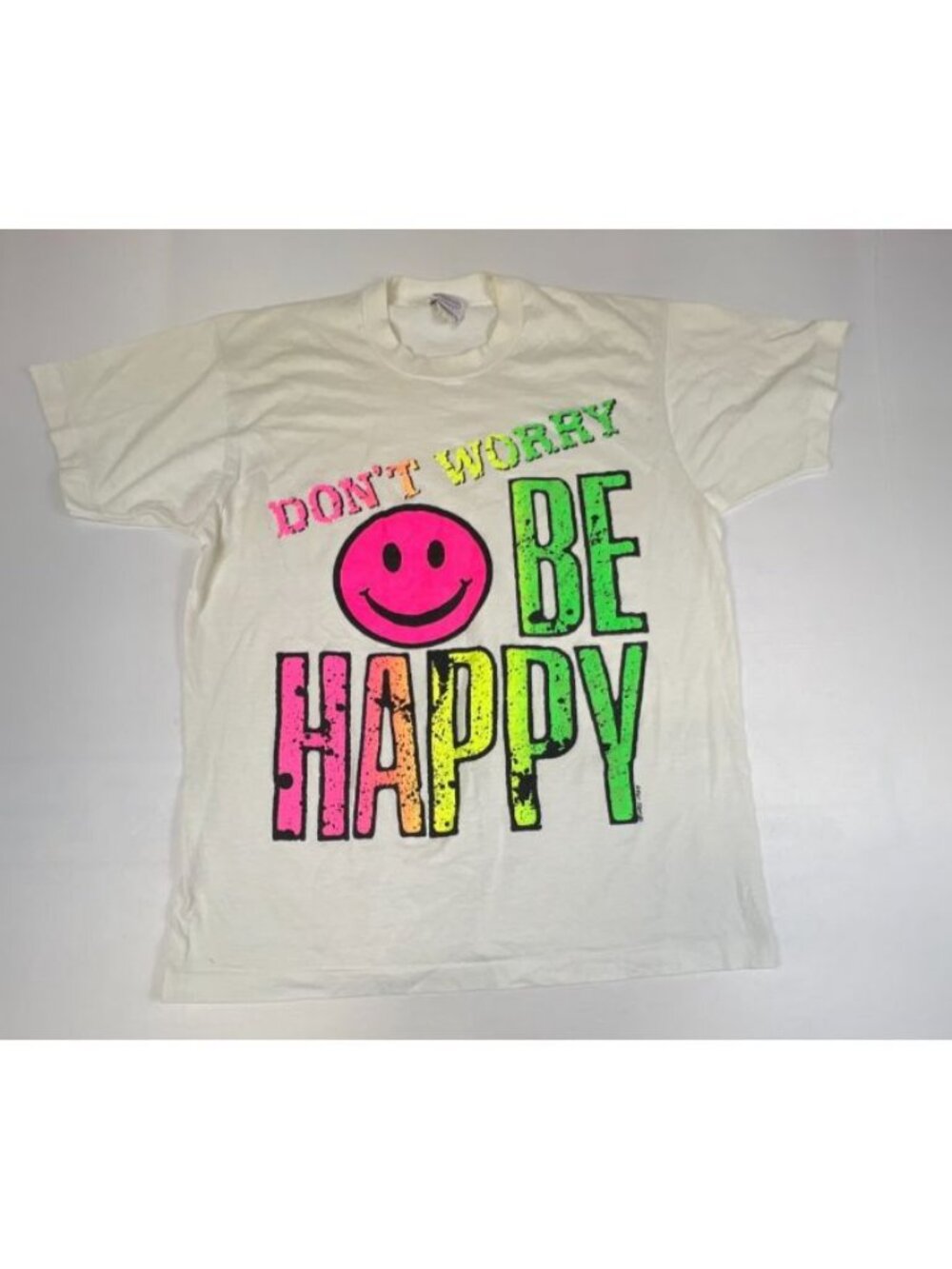 Vintage Dont Worry Be Happy T-Shirt Mens One Size White Made in USA Graphic Tee